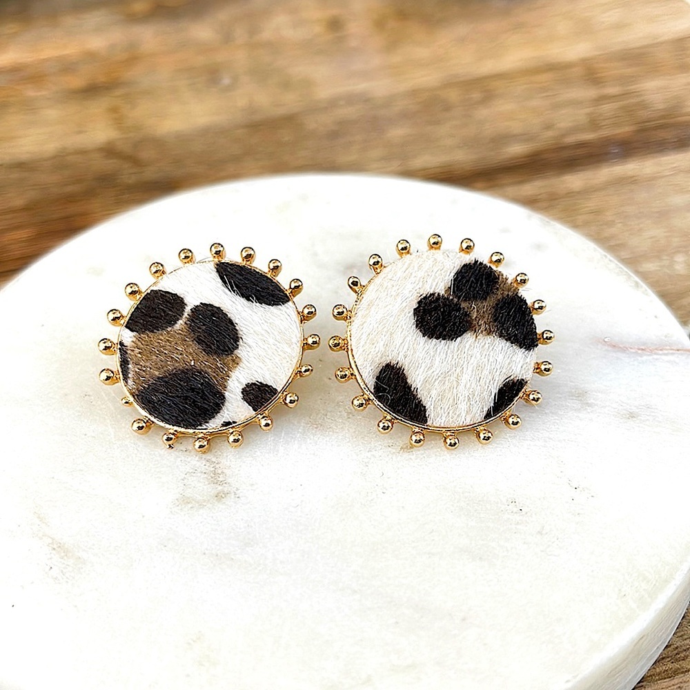 Leopard Print Statement Stud Earrings | Gold-Tone Beaded Edge